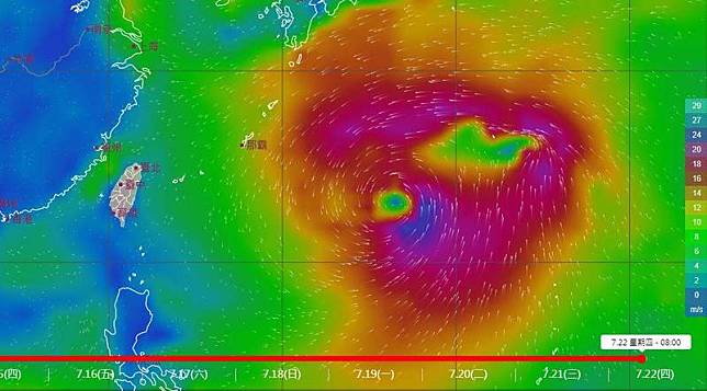 中央氣象局今(14日)預報圖顯示，未來一週台灣東方太平洋海面將出現「巨大颱風」。(圖取自中央氣象局)