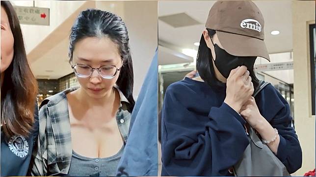 劉純妤首度被約談時，一襲清涼裝扮吸引媒體目光（圖左，資料照），後續二度被約談到案，則改穿大學T、戴著潮牌帽，態度極為低調（圖右）。呂志明攝