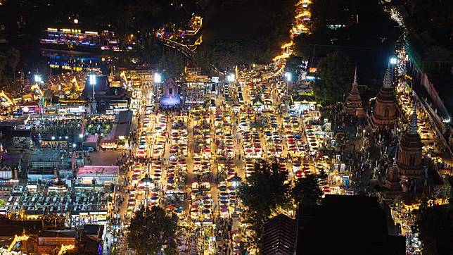 An aerial drone photo taken on Dec. 11, 2024 shows a view of the Starlight Night Market in Jinghong City in Xishuangbanna Dai Autonomous Prefecture, southwest China's Yunnan Province. (Xinhua/Meng Tao)