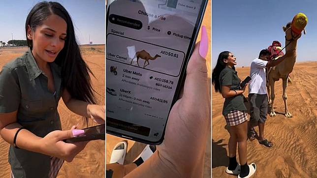 女遊客在沙漠中用UBER叫了一隻駱駝，引發網友們熱議。翻攝自JETSET DUBAI IG