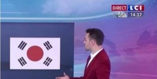 法國LCI電視臺12月31日在新聞節目中播出錯誤的韓國國旗圖 。 圖：翻攝自法國LCI電視臺YouTube頻道