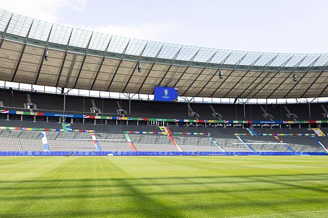 This photo taken on June 7, 2024 shows an interior view of the Olympiastadion Berlin in Berlin, capital of Germany. (Photo by Inaki Esnaola/Xinhua)