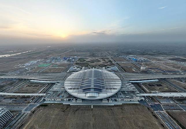 An aerial drone photo taken on March 29, 2024 shows the Xiong'an Railway Station in Xiong'an New Area, north China's Hebei Province. (Xinhua/Mu Yu)