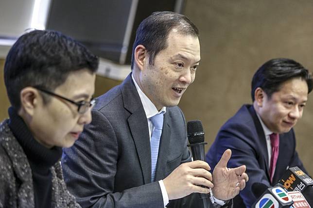 (From left) HKIFA chief executive Sally Wong; chairman of pensions sub-committee Terry Pan, and vice-chairman of pensions subcommittee Philip Tso, address a press conference in Hong Kong on Monday. Photo: Jonathan Wong