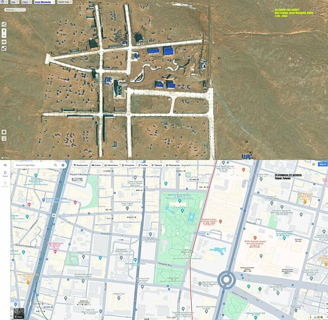 帳號「sfx_ewss」在X平台上貼出一張共軍內蒙古軍事基地與博愛特區的空照對比圖。 圖:翻攝自sfx_ewss/X