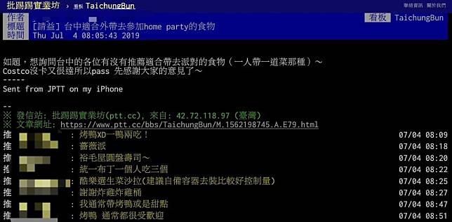 圖／網友激烈討論派對食物推薦 翻攝自 PTT TaichungBun