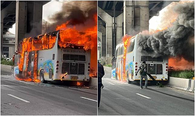 泰國幼兒園校外教學車輛起火，粗估車上至少一半師生逃生不及。（翻攝Fire & Rescue Thailand臉書）