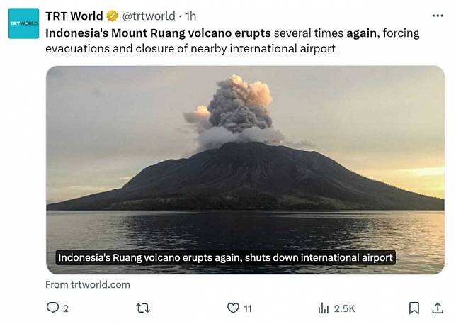 印尼北蘇拉威西省的魯昂火山30日凌晨1點15分左右再度噴發。（圖／達志／美聯社）