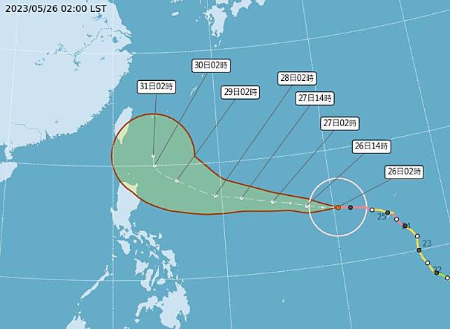 中央氣象局預測，瑪娃颱風路徑潛勢預測圖，颱風中心在該時間有70%的機率進入該圓圈之內。（圖／中央氣象局）