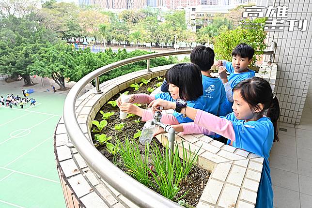 教室窗外就是農田！學校運用建築物各種花臺空間種植蔬果，學生可以親近種植場域，因此稱為「一步蔬果」。(攝影/Carter)