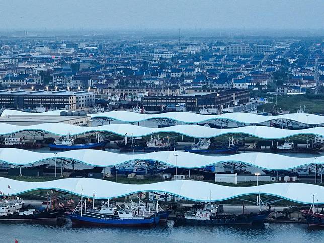 This aerial photo taken on July 24, 2023 shows a fishing port in Qidong, east China's Jiangsu Province. (Xinhua/Ji Chunpeng)