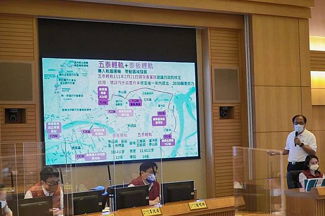 111年8月17日捷運局市政會議專題報告五泰泰板輕軌路線圖。（圖／新北市府提供）
