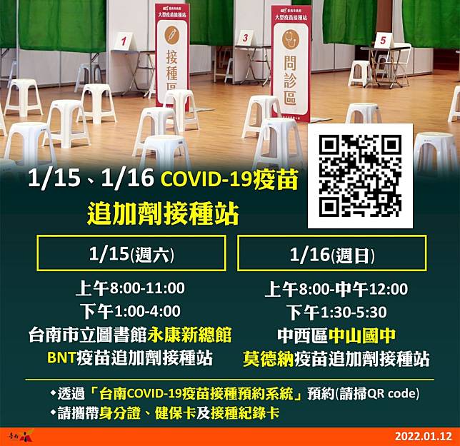 台南增開COVID-19追加劑接種站，設籍於台南市的市民可透過「台南COVID-19疫苗接種預約系統」進行預約。（圖／台南市政府提供）