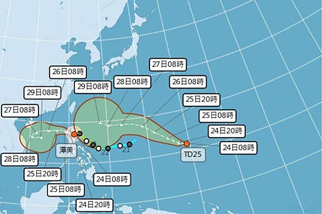 輕颱「潭美」外圍環流加上東北季風影響，迎風面北部、東半部地區有大量降雨機率。（氣象署提供）