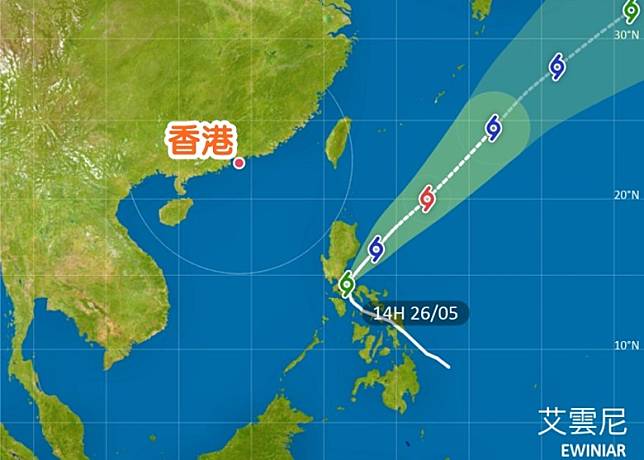 艾雲尼預料將來個90度急轉彎「北上」日本附近海域。(天文台)