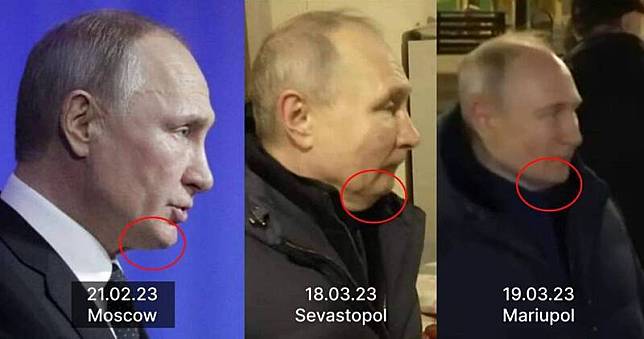 烏克蘭內政部長顧問格拉申科秀了三張不同時間的普廷照片，將普廷下巴標示出來，問說你覺得哪一個是真的？(圖擷自推特)