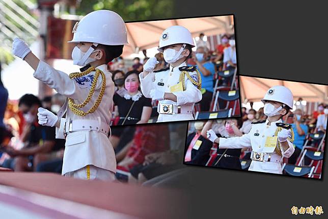 國慶大會預演有位6歲的男童，身穿海軍儀隊服裝，在預演場地外操槍，吸引眾人目光。(記者羅沛德攝，本報合成)