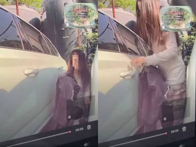 一名女子不滿特斯拉車主提醒車子沒停好，因此將特斯拉車門刮傷。(圖擷取自「爆廢1公社」)