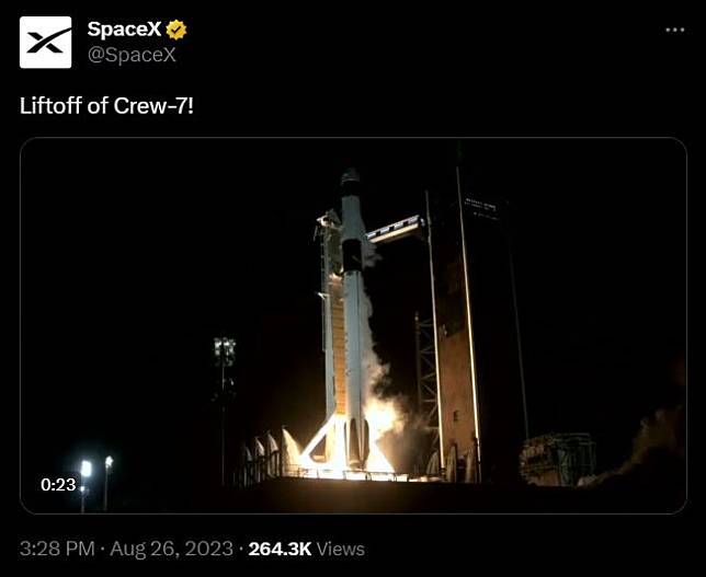 SpaceX載人太空船今升空 (twitter@SpaceX)