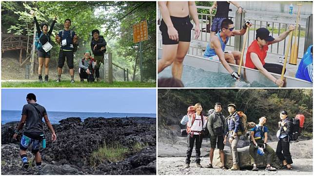 ↑↑【左上】大壩群峰下山，最後5k大鹿林道受不了改穿涼鞋；【右上】大佳河濱公園旁盪獎池，龍舟賽前姿勢矯正訓；【左下】穿涼鞋去聽東部音樂祭，途經花蓮石梯坪下來走走；【右下】溪邊兩天一夜野營，穿越野涼鞋即可應付