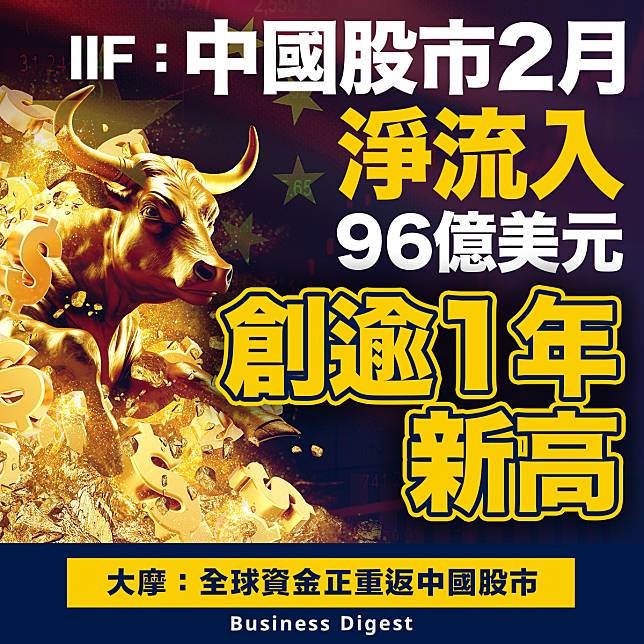 【中國經濟】IIF：中國股市2月淨流入96億美元，創逾1年新高