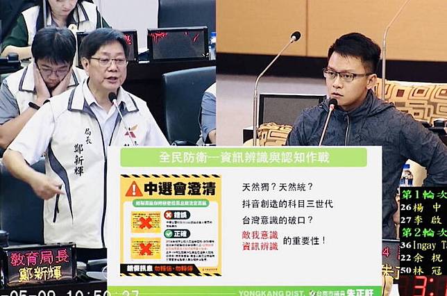 南市議員朱正軒(右)要求加強學童對中國滲透的抗體，就像是「打疫苗」一樣。(擷取自南市議會網站提供)