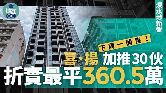 喜．揚加推30伙 折實最平360.5萬 下周一開售｜深水埗新盤