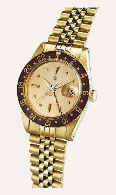 Rolex × Serpico Y Laino——Rolex GMT-Master型號6542黃金腕表，1958年製，由Serpico Y Laino發行，是當今世上唯一為人所知帶有Serpico Y Laino標誌的同款腕表，估價15萬至30萬瑞士法郎。（品牌提供）
