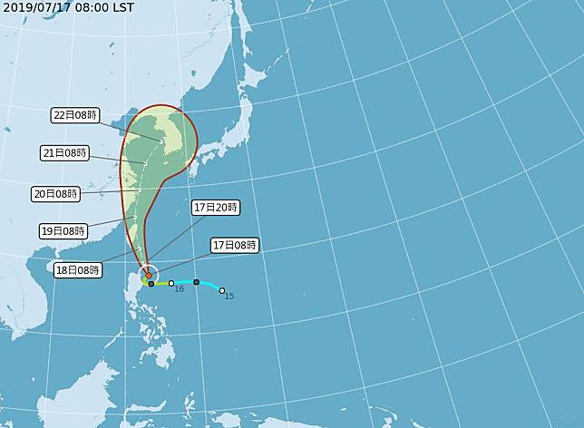 第5號颱風「丹娜絲」目前中心在鵝鑾鼻南南東方海面，向北北西移動，其暴風圈朝巴士海峽接近，對巴士海峽、台灣東南部海面及台灣海峽南部將構成威脅。   圖：中央氣象局/提供