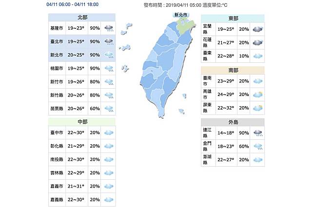 今日各縣市天氣預報圖。（取自中央氣象局網站）