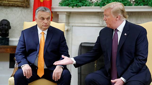 川普2019年在總統任內與白宮接待匈牙利總理奧班。路透社資料照片
