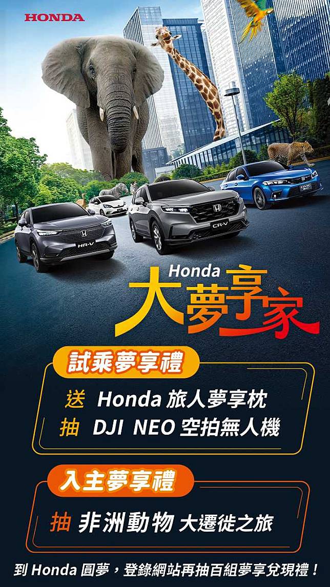 Honda大夢享家 來店試乘抽夢享兌現禮入主再抽非洲動物大遷徙雙人遊 總價值超過200萬元好禮等您帶回家