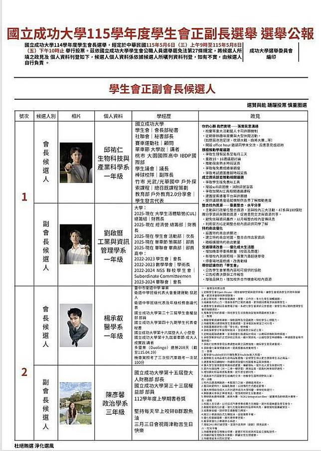 國立成功大學115學年度第34屆學生會正副會長選舉公報。(圖擷自成功大學學生會選委會臉書粉專)