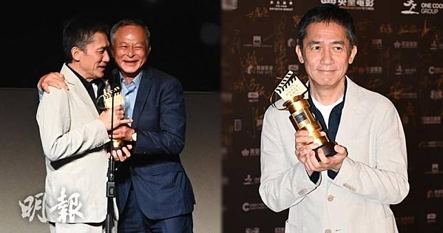 梁朝偉憑電影《金手指》獲香港電影導演會頒發「最佳男主角」，他表示從杜琪峯手上得獎特別開心。（鍾偉茵攝 / 明報製圖）