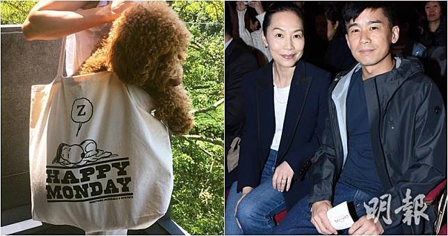 彭羚在社交平台分享老公林海峰棟篤笑的紀念購物袋照片，用行動來支持丈夫開騷。（彭羚Instagram圖片 / 資料圖片 / 明報製圖）