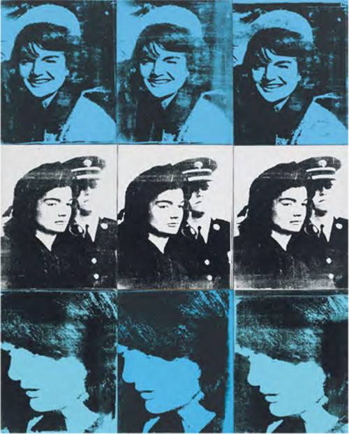 《九個杰奎琳》–Warhol以美國前第一夫人Jacqueline Kennedy的新聞照片製作絲網作品《九個杰奎琳》（Nine Jackies），選取3個甘迺迪被刺殺前後時間點內不同情緒的Jacqueline，重複成9個影像。（Whitney Museum of American Art網站圖片）
