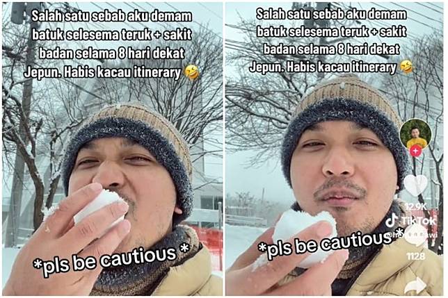 一名馬來西亞的網友到日本旅遊時，因隨意地從雪地抓起一顆雪球吃下肚，導致生病。（翻攝自抖音）