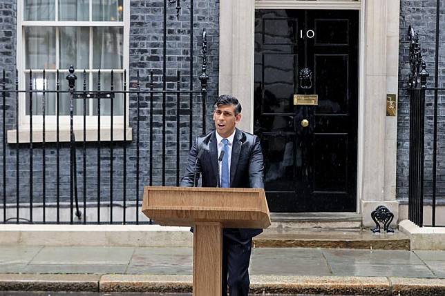 British Prime Minister Rishi Sunak speaks outside 10 Downing Street in London, Britain, on May 22, 2024. Sunak announced on Wednesday that the country will hold a general election on July 4. (Xinhua)