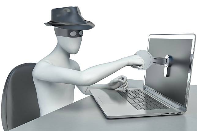 3d man hacker, stealing data from a laptop