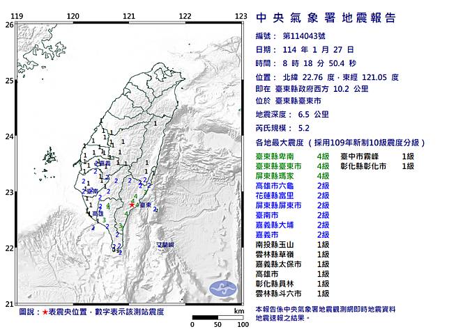 台東縣台東市今（27）天上午8點18分發生芮氏規模5.2地震。 圖：氣象署提供