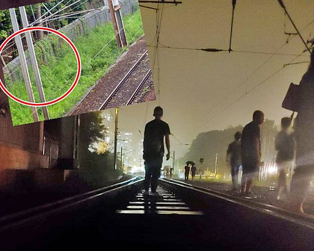 小圖：斷電纜位置。大圖：乘客摸黑沿路軌行回大埔墟站月台。讀者提供
