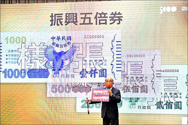 行政院長蘇貞昌公布五倍券樣張，估計五倍券可創造2000億元經濟效益。(行政院提供)