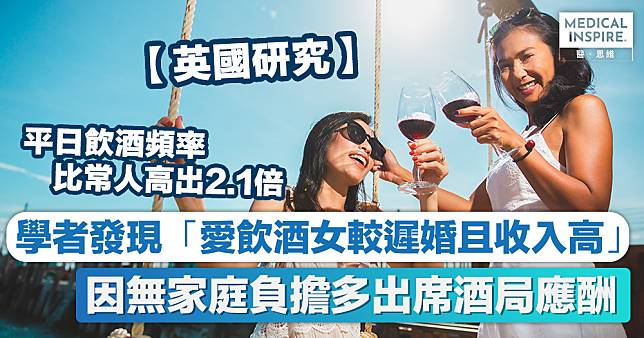 飲酒習慣｜學者發現「愛飲酒女較遲婚且收入高」　因無家庭負擔多出席酒局應酬