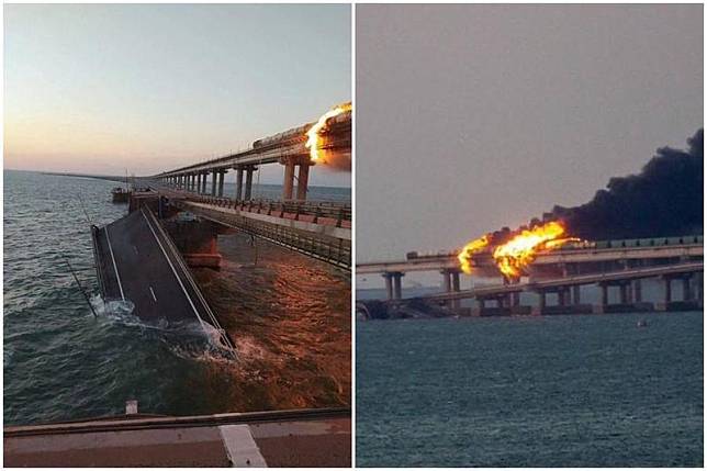 連接俄羅斯本土和克里米亞半島的克里米亞大橋今（8日）發生爆炸，現場畫面曝光。（左圖翻攝自推特@Andrew__Roth，右圖翻攝自推特@saintjavelin）