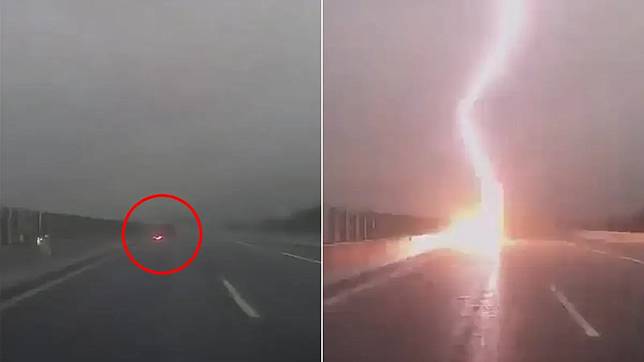中國一名駕駛開車行駛在高速公路時，疑似遭到雷擊。翻攝自《搜狐新聞》