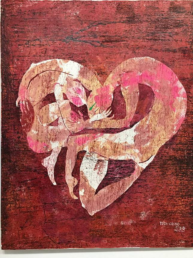 協會理事長張玉奇的100F油畫創作『愛』，代表成立協會的初心。　（記者王正平攝）