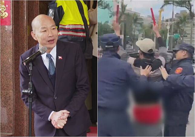 韓國瑜今（17日）發春聯時遭民眾抗議嗆聲，男子被警方帶走時還脫褲露出紅內褲。