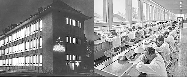 1960年代表廠–從Universal Genève 1960年代的相片可見其表廠規模，製表枱面向引入自然光的大窗戶，讓製表師在充足光線的環境下工作。（品牌提供）