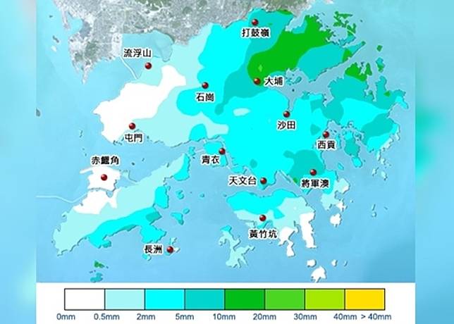 今早6時30分的過去1小時，本港雨量分佈圖。