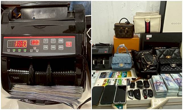 警方搜出大量現金、奢侈品、高價球鞋，以及勞斯萊斯等各種洗錢工具。讀者提供